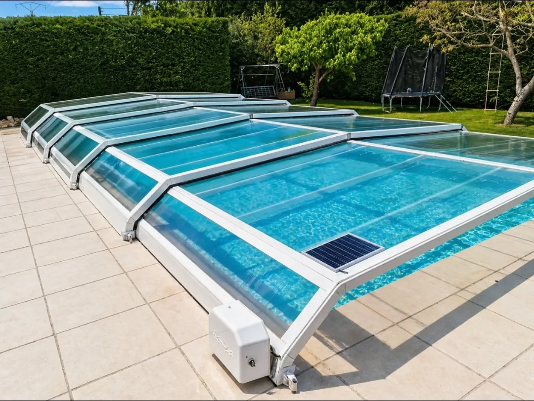Abri de piscine télescopique motorisé en position ouverte